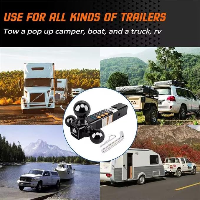 METOWARE Trailer Hitch Tri Ball Mount with 5/8" Hitch Pin, 1-7/8 Inch, 2 Inch and 2-5/16 Inch Tri Ball Hitch Fit 2 Inch Receiver, Hollow Shank Tow Hitch, Black