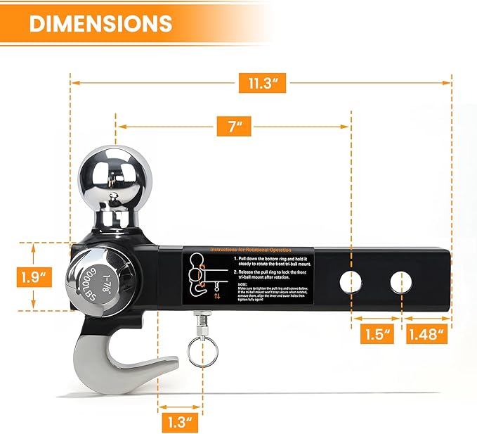 ORCISH 360° Swivel Trailer Hitch, Tri-Ball Mount with Heavy Duty Hook & Anti-Theft Lock, Chrome-Plated Trailer Ball Size 1-7/8", 2" and 2-5/16", Fit 2 Inch Hitch Receiver, Rotating Tow Hitch