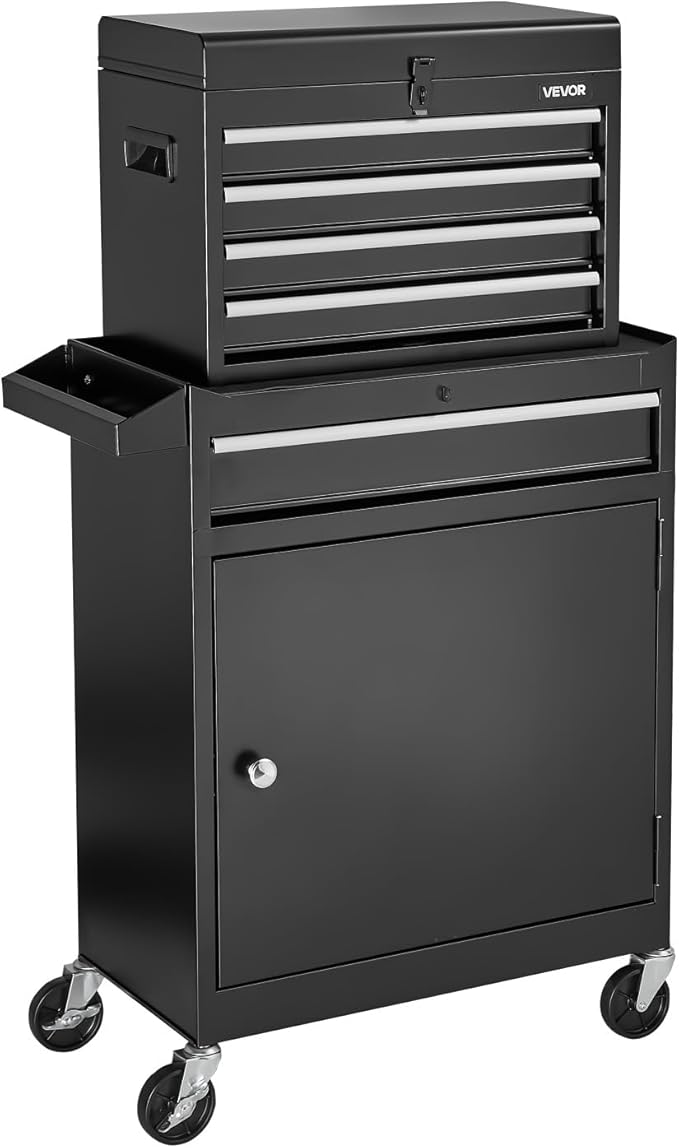 VEVOR Rolling Tool Chest, 2-in-1 Design, 5 Drawers Tool Cabinet Organizer with Detachable Top Metal Toolbox, Lock Bar, Protective Liner, and Tools Rack, Garage Storage Cabinet for Warehouse, Workshop