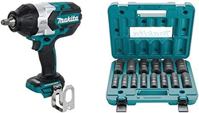 Makita XWT08Z LXT Lithium-Ion Brushless Cordless High Torque Square Drive Impact Wrench, 18V/1/2" with A-96372 1/2" Drive Impact Socket Set (14 Piece)
