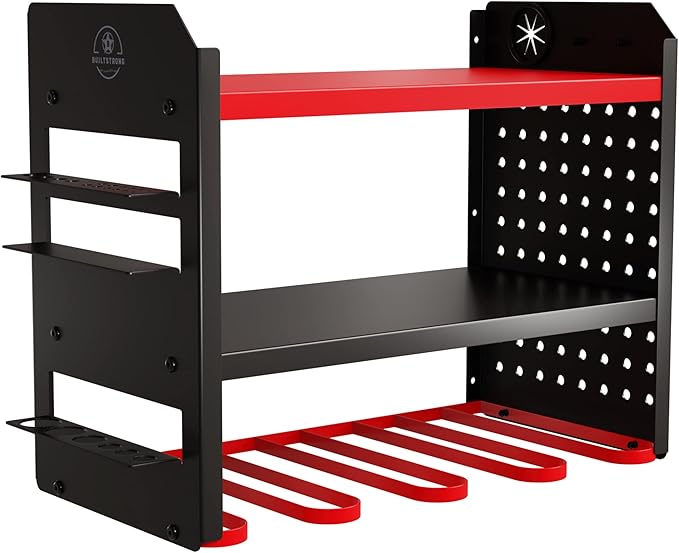BUILTSTRONG Power Tool Organizer Wall Mount - 3-Tier Heavy-Duty Metal Hand Tool Storage Rack, Utility Racks, Drill Holder, PegBoard Side, & More - Garage Storage Cordless Tool Organizer (Red)