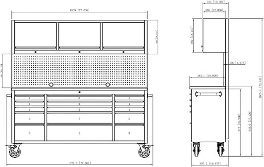 CHETTO C 72" Tool Cabinet Chest with 15 Drawers + 3 Upper Cabinets Mobile Rolling Workbench Large Tool Box Lockable Storage Cabinet with Wheels for Garage Workshop Stainless Steel 2 Pack