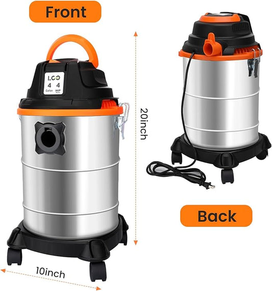 LIGO Shop Vacuum Wet and Dry, 4 Gallon Shop Vac with Accessories, Staninless Steel Tank, 4HP, for Workshop, Garage, Home and Car Vacuum Cleaner