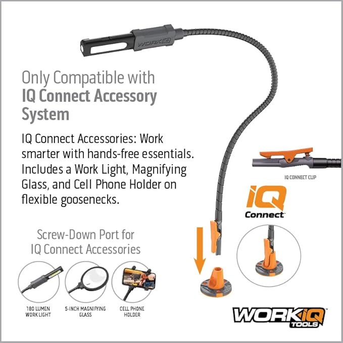 Work IQ Tools IQ Connect | Hands-Free Accessory System with 3 Bench Mounts | Includes Magnifying Glass, Rechargeable Work Light & Cell Phone Holder | Work Bench Accessories Compatible with IQ Vise