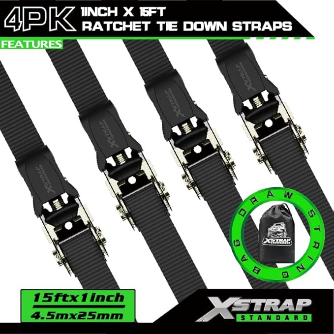 XSTRAP STANDARD 4 Pack 1" x 15' Ratchet Tie Down Straps - 630 Lbs Load Cap, 1890 Lbs Break Strength, Heavy Duty Cargo Straps for Moving, Truck & Motorcycle, Black