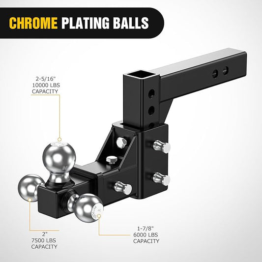 Nilight Adjustable Trailer Hitch Ball Mount Fits 2'' Receiver Tri-Ball 1-7/8''-6000LBS 2''-7500LBS 2-5/16''-10000LBS Capacity Chrome Trailer Ball Hitch with Solid Shank