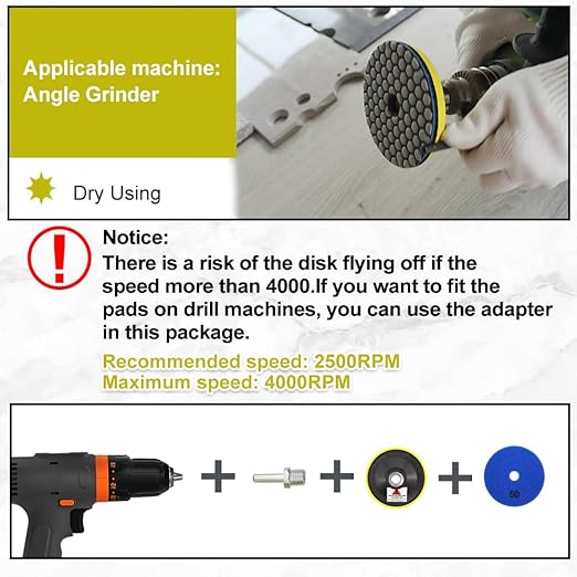 Dry Diamond Polishing Pads 4"/100mm - 7pcs 50/100/200/400/800/1500/3000 Polish Pad Kit with 5/8"-11 Backer Pad+Adapter for Granite Marble Artificial Stone Quartz for Angle Grinder