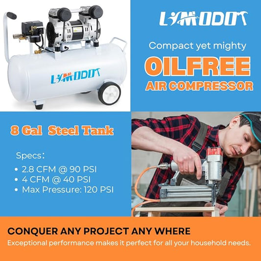 Quiet Air Compressor, Only 68dB, 8 Gallon Steel Tank, 2.8CFM @ 90PSI, Oil-Free, Electric Air Compressor Perfect for Woodwork Nailing, Garage, Car, Pneumatic Tool, Includes 11 Accessories
