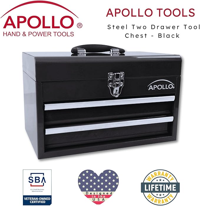 Apollo Tools 14 Inch Steel Tool Box with Deep Top Compartment and 2 Drawers in Heavy-Duty Steel With Ball Bearing Opening and Powder Coated Finish Black