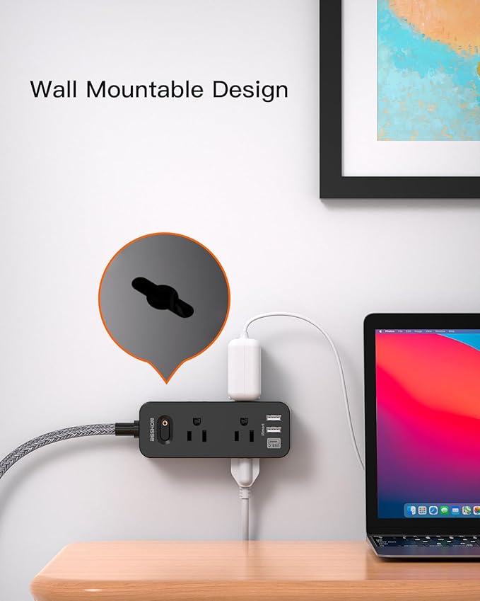 15Ft Black Extension Cord, BESHON Power Strip Surge Protector, 6 Outlets with 3 USB Ports(1 USB C Outlet), 3-Side Outlet Extender, Wall Mount, Compact for Home, College Dorm Room
