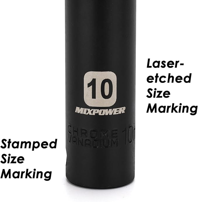 MIXPOWER 10PCS 1/4" & 3/8" Drive 10mm Deep&Shallow Socket, 6 Point & 12 Point, CR-V, Metric, Black Phosphate Finish…