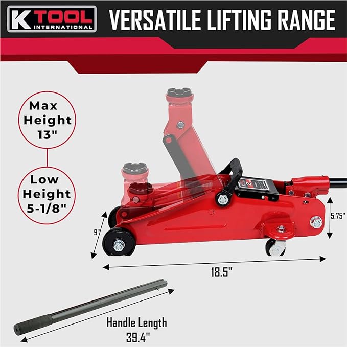 K Tool International 63103A Hydraulic Service Jack, 5-1/8 to 13 Inch Lift Range, Heavy Duty Steel, Swivel Casters, Overload Protection, Smooth Positioning for Shop and Garage Use