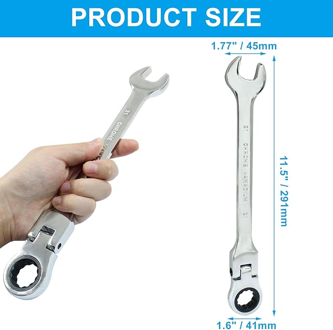 21mm Flex Head Ratchet Wrench, 12 Point Chrome Vanadium Steel Combination Spanner with 72 Tooth Ratcheting Gear, Metric Industrial Grade Tool for Automotive and Mechanical Maintenance