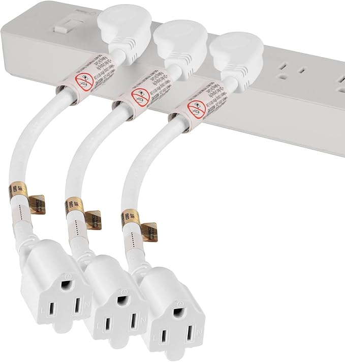 VSEER 1Feet 1625W 13A UL SJT 16AWG Flat Plug Heavy Duty Extension Cord Outlet Saver 3-Prong Grounded Short 90 Degree Angle Adapter Power Extension Cord,UL Listed (White, 3 Pack)