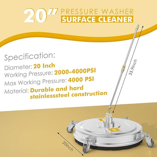 EVEAGE 20" Pressure Washer Surface Cleaner, Power Washer Surface Cleaner with 4 Wheels, Stainless Steel Housing Power Washer Accessories with 2 Extension Wand, 2 Replacement Nozzles (20inch-2)