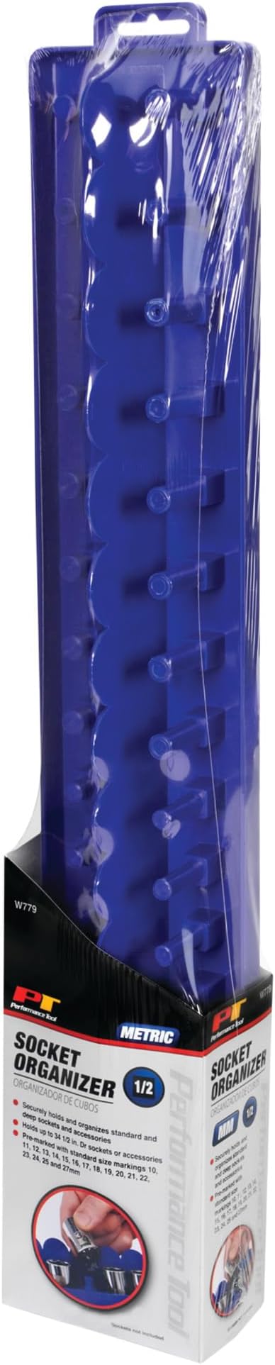 Performance Tool W779 Socket Organizer Tray - Holds 34 Standard and Deep Metric Sockets, Pre-Marked with Size Markings for Easy Viewing, 1/2-Inch Drive
