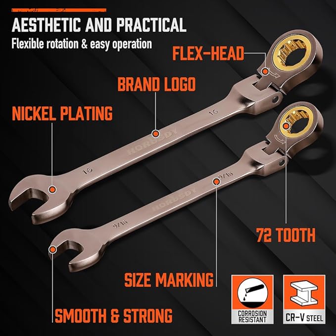 HORUSDY Flex-Head Ratcheting Combination Wrench Set,24-Piece Flex-Head Ratcheting Wrench Set(Metric and SAE)