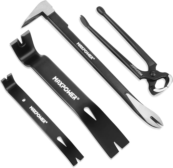 MAXPOWER 4-Pieces Pry Bar Set, 12-inch Utility Claw Pry Bar, 8-inch Nail Puller, 10-inch and 7-inch Flat Pry Bar Crowbar Claw