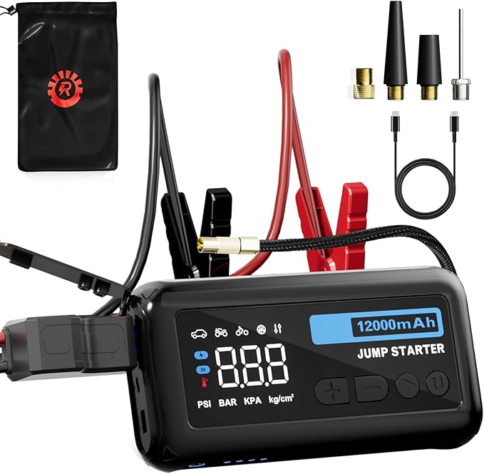Jump Starter with 150PSI Air Compressor, 2500A Peak 12V Booster, 12000mAh Portable Car Battery Jump Starter, Up to 10L Gas/8L Diesel Engines, 33W Bidirectional Fast Charging Power Bank-Black