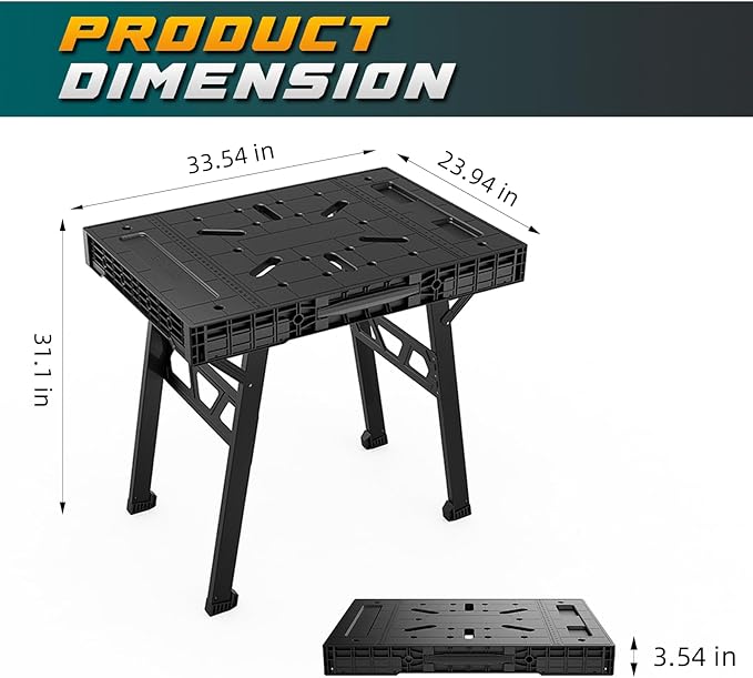 Express Folding Work Table, Easy Setup Portable Folding Work Table & Portable Folding Workbench, 34" W x 25" D x 31" H Lightweight Versatile Clamping Worktable for Garage/Wood Shop (Black)