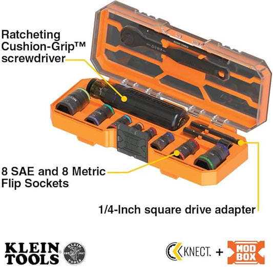 Klein Tools 65242 KNECT Impact Socket Set, Ratcheting Screwdriver Set, 1/4-Inch Drive, 4 SAE and 4 Metric Flip Sockets, 16 Hex Sizes, Adapters, MODbox Case