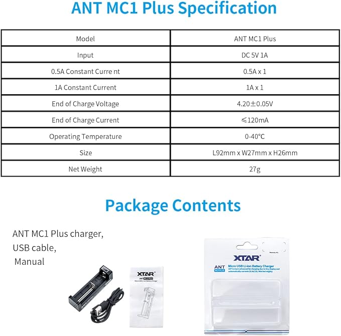 XTAR MC1 Plus 18650 battery Charger with Real 1A Max Constant Current Battery Charger (Not Included battery)