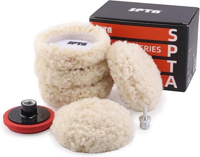 SPTA Wool Polishing Pad, 5Pcs 3"(75mm) 100% Natural Wool Buffing Pad with 1Pc Hook&Loop Backing Pad, 1Pc Extension Shank for Drill Polisher Cutting, Car Body Repair Buffing