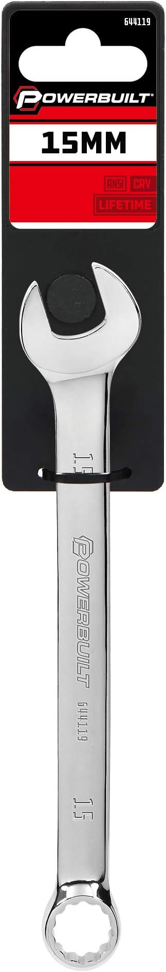 Powerbuilt Metric 15mm Combination Wrench, 12 Point Double Ended Box and Open End, 15 Degree Offset - 644119
