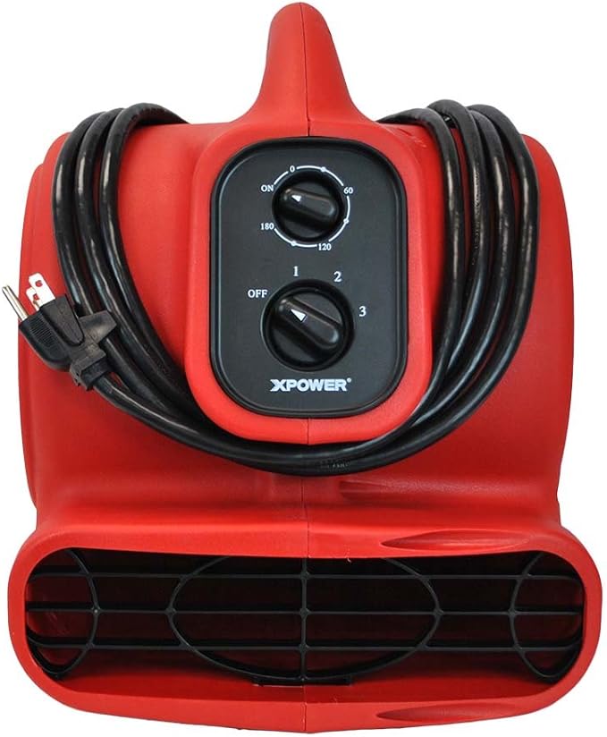 XPOWER P-230AT Mini Mighty 1/4 HP 925 CFM Centrifugal Air Mover, Carpet Dryer, Floor Fan, Blower, Stackable, Daisy Chain, for Water Damage Restoration, Janitorial, Plumbing, Home Use, Red