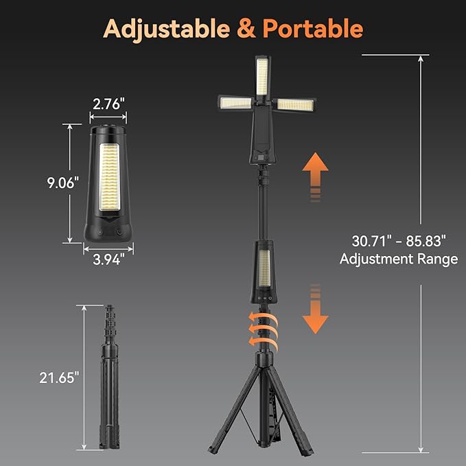Rechargeable Camping Light with Stand 7 ft Max Height, 15000mAh Portable Cordless LED Work Light, 5500 Lumen 6500/4500/3500K Dimmable Emergency Flashlight with Detachable Tripod, Black