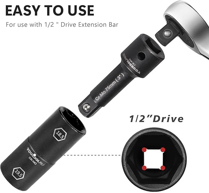 1/2-Inch Drive Double Ended Impact Socket, 18.5mm x 19.5mm, 6-Point,Half Size Lug Nut Thin Wall Wheel Protector Nut Socket, Made from Robust and Anti-Corrosive Steel