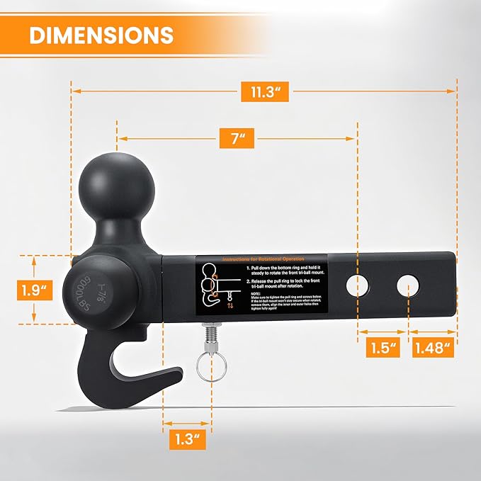 ORCISH 360° Swivel Trailer Hitch, Tri-Ball Mount with Heavy Duty Hook & Anti-Theft Lock, Matte Black Plated Trailer Ball Size 1-7/8", 2" and 2-5/16", Fit 2 Inch Hitch Receiver, Rotating Tow Hitch