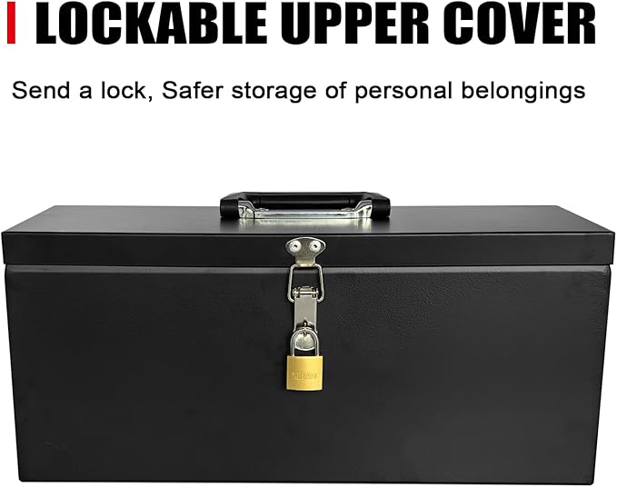 Peastorm Small Steel Metal Tool Box, Lockable Storage Box for Storing Valuable Items, Office Documents, Garage Tools (16" Black)