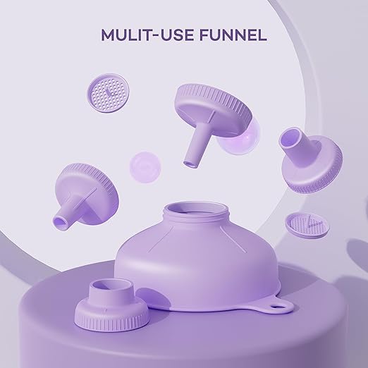 Pisol Wide Mouth Versatile Funnel, Canning Funnels for Kitchen Use, Food Grade Plastic Cooking Funnel Set with 4 Size Spouts and 2 Strainers for Filling Different Bottles and Bags, Purple