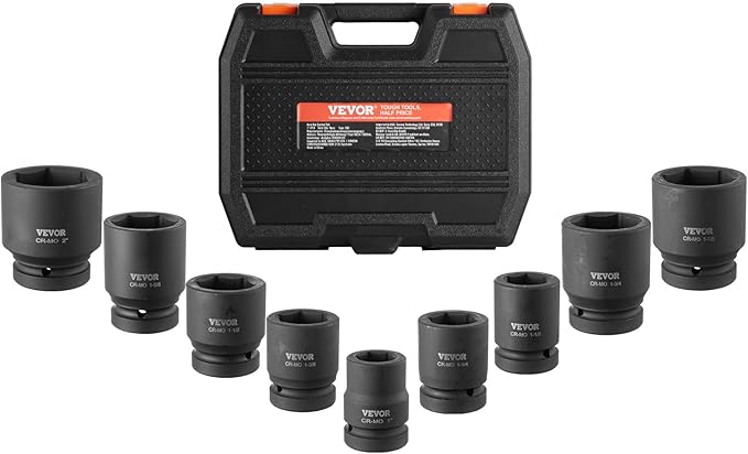 VEVOR Axle Nut Impact Socket Set - 1" Drive 6-Point 9-Piece SAE Spindle Nut Socket CR-MO Heat Treated Large Socket Set with Storage Case for Auto Repair, Removing or Installing Axle Nuts