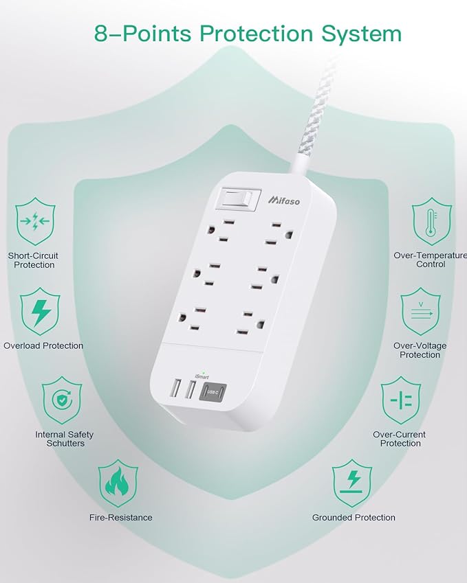 Power Strip - 10 FT Long Flat Plug Extension Cord, 6 Outlets 2 USB A 2 USB C Ports Outlet Extender with Overload Protection, Wall Mount, Desktop Charging Station for Home, Office and Dorm Essential