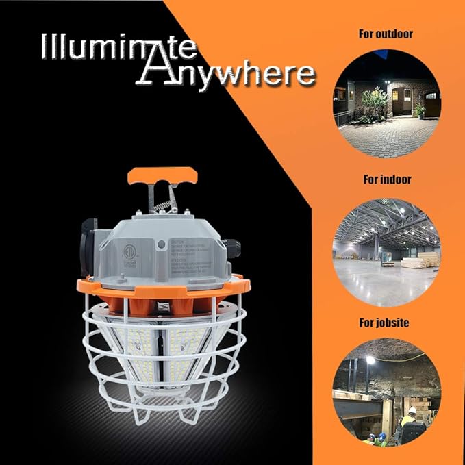 NS 150 Watts LED Temporary Work Light Fixture Daylight White 5000K 25000lm Portable Hanging Lamp Waterproof Jobsite Lighting Stainless Steel Protective Cover for Outdoor Construction High Bay Lights