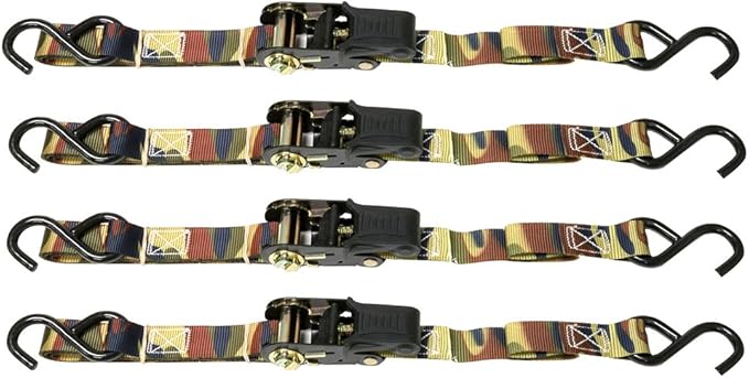 Cargoloc Premium Ratchet Tie Downs - 4 Pk - 8 Ft - 500 Lbs Load Cap - 1,500 Lbs Break Strength - Cargo Straps for Moving Appliances, Lawn Equipment, Motorcycles, etc. - CAMO