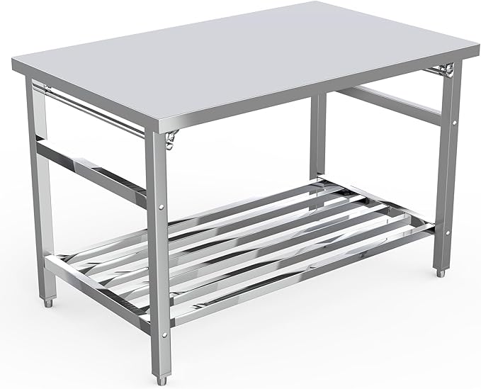48" x 30" Stainless Steel Commercial Work Table, Heavy Duty Folding Stainless Steel Prep Table with Adjustable Undershelf for Restaurant, Kitchen, Food Service, Space-Saving, No Installation Required