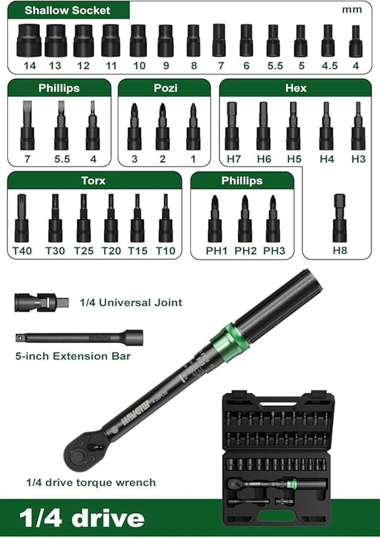 37pcs Bike Torque Wrench Set, Inch Pound Torque Wrench 1/4 Inch Drive, Bike Tool Kit, Bike Torque Wrench Set 4-20Ft.lb(5.4-27.2N.m) Pro Bicycle Tool Kit