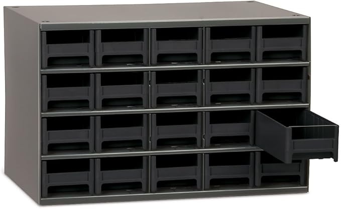 Akro-Mils Steel Garage Storage Cabinet, Small Parts Organizer Metal Cabinet for Hardware, Nails, Screws, Bolts, Nuts, and More, 17" W x 11" D x 11" H, 20-Drawer, Gray Cabinet/Black Drawers (19320)