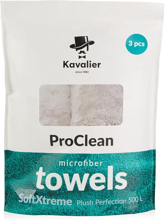Kavalier ProClean Plush Perfection 500 Microfiber Towel - 500 GSM -16.1x16.1''- Effective Cleaning & Detailing - Ideal for Auto & Home - 3 Units Pack - Gray