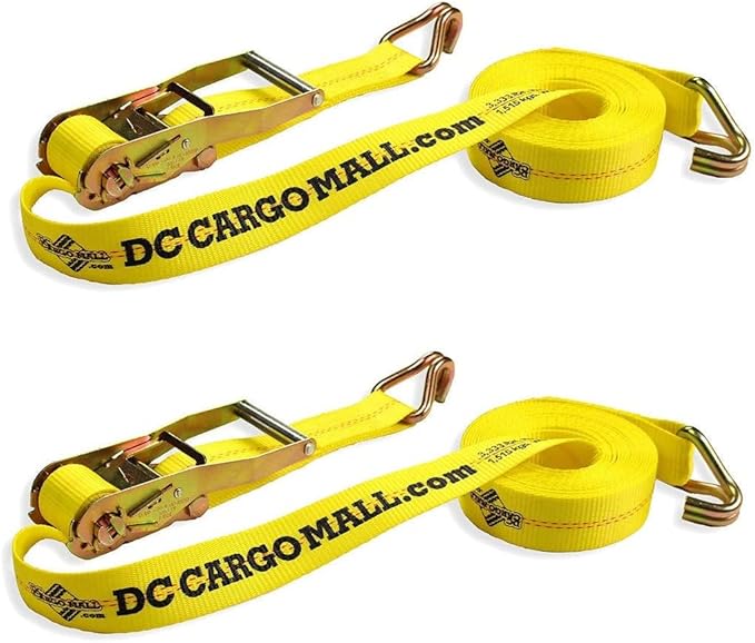 DC Cargo Tie-Down Ratchet Straps J-Hooks, (Pack of 2) Heavy Duty 2" x 27' Tie-Down Ratcheting Cargo Truck Straps Wire Hook Ends, J-Hook Ratchet Strap Tie-Downs