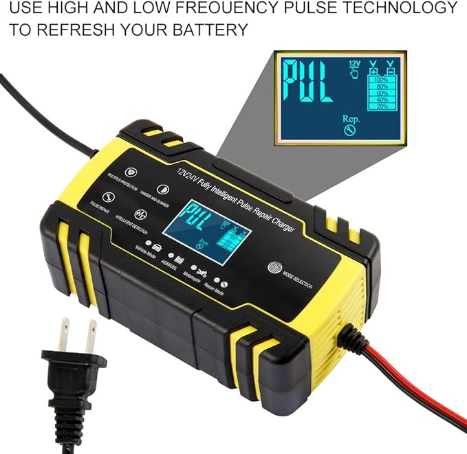 Automatic Smart Battery Charger Car 12V/24V | Pulse Repair Charger with LCD Display | Intelligent Mode Overvoltage Protection Temperature Monitoring for Car, Truck, Motorcycle, Boat, SUV, ATV