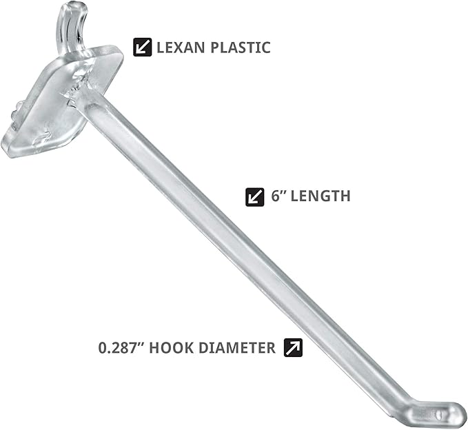 Azar Displays 800006-C Pack of 50 Clear Pegboard Hooks (Also Available in Black & White) - 6” Pegboard Hook Set (2” & 4” Pegboard J Hooks Also Available) - Polycarbonate Plastic Hooks for Retail