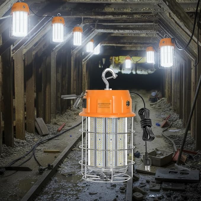 250W LED Temporary Work Light, Portable Hanging Work Construction Light,5000K 35,000 Lumens Light with Stainless Steel Shield and Hook,for Indoor Mine Job Site Lighting, Plug and Play