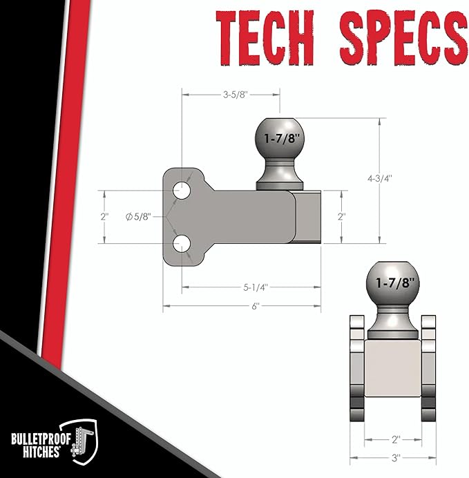 BulletProof Hitches - Adjustable Trailer Hitch 1-7/8" Single Ball Mount - Replacement 1-7/8" Ball Hitch Rated up to 8,000 lbs - Solid Steel, Corrosion Resistant, Black Powder Coat