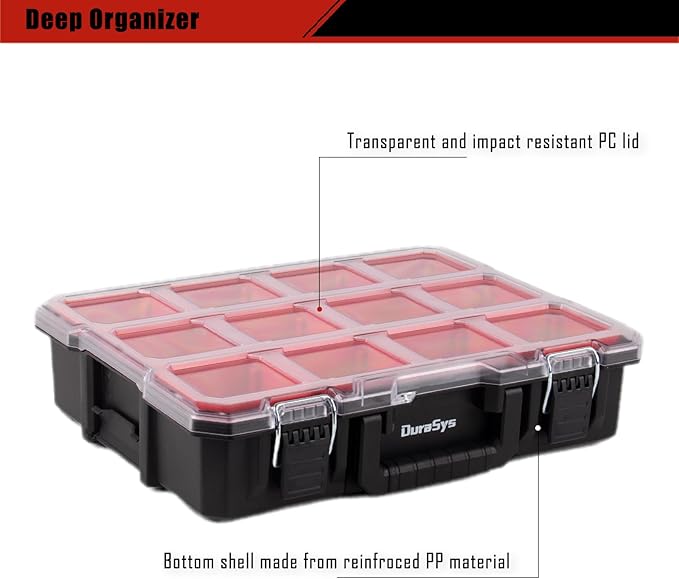 Tools Organizer, Small Parts Storage Toolbox, 17.3 * 14 * 4.2" Durable Hardware Deep Box Storage, with Removable Inner Cups