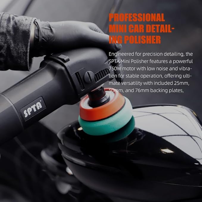 SPTA Mini Polishing Machine Buffer Rotary Polisher Auto Detailing Superpolish with 27Pcs Detail Polishing Pad Mix Size Kit Buffing Pad and 75mm ,100mm,140mm M14 Thread Extension shaft