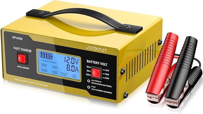 AUTOUTLET Upgraded 6/8/12/14/16/24V Battery Charger Automotive Smart Car Battery Charger and Trickle Maintainer 0-14A Fully Automatic with Cable Clamps